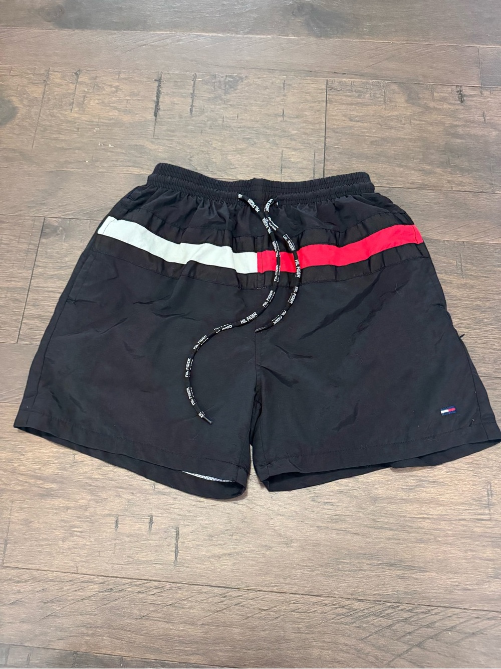 Tommy Hilfiger Black Boy’s Swim Trunks with Red & White Waist Stripe